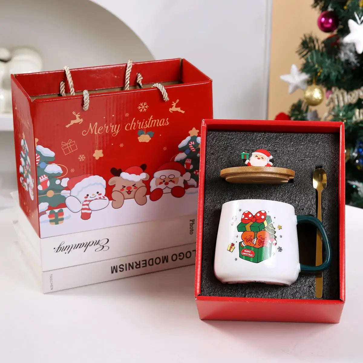 Christmas Ceramic Mug Set with Lid & Spoon – Holiday Edition