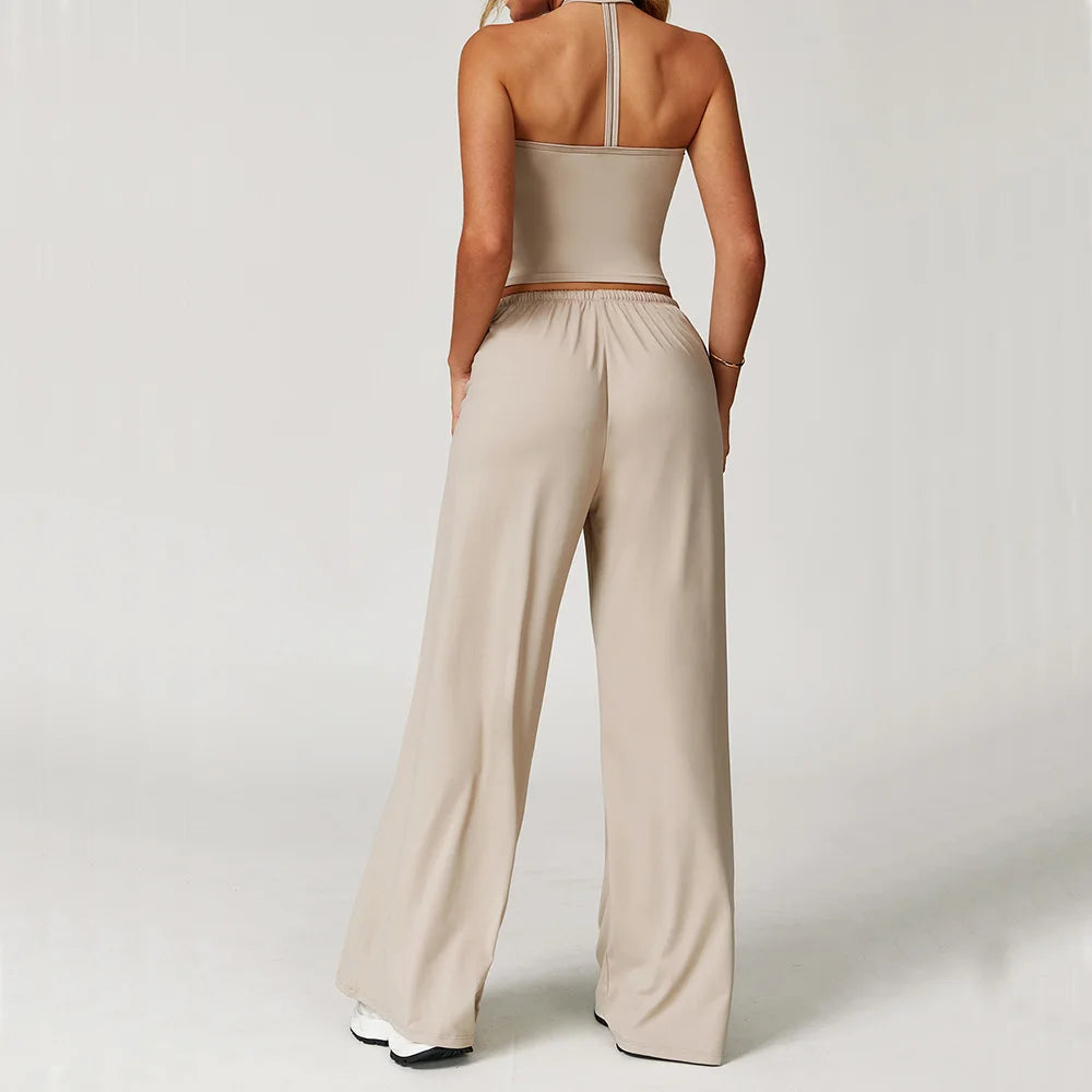 2PCS Women's Yoga Set – Strappy Top with High-Waisted Wide-Leg Pants