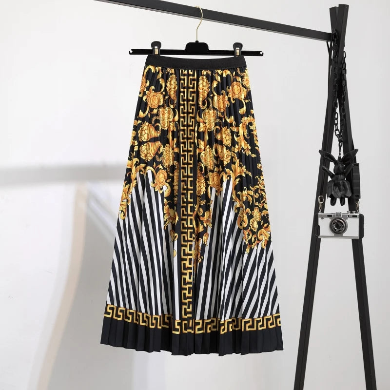 Women’s Cartoon Print Pleated Skirt – High Waist Big Swing Skirt