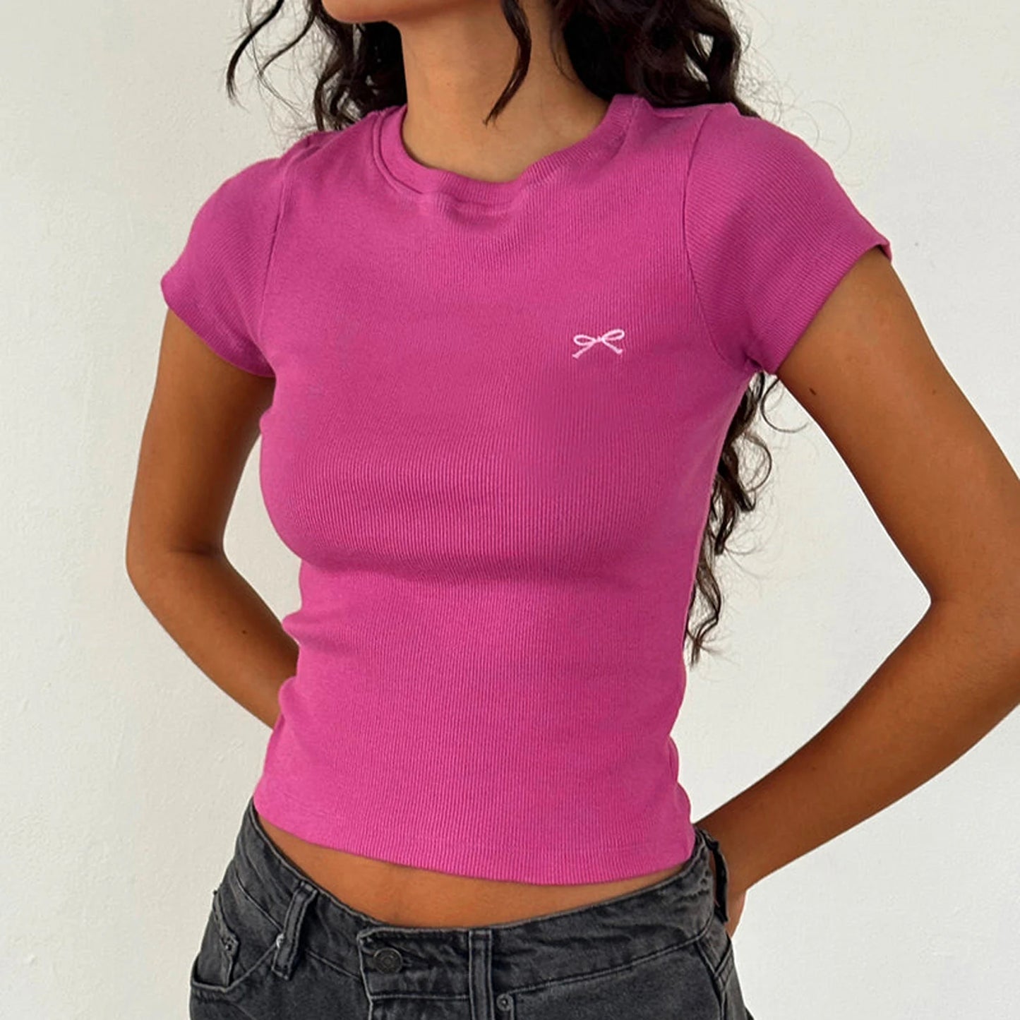 Embroidered Bow Baby Tee – Slim Fit Crop Top