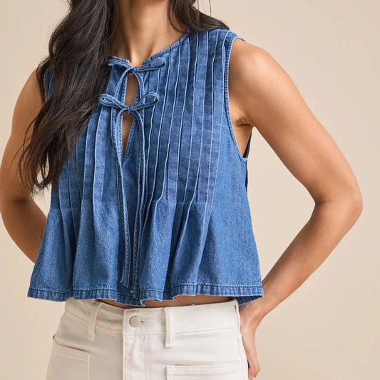 Boho Vintage Denim Tie Front Tank Top – Sleeveless Summer Chic