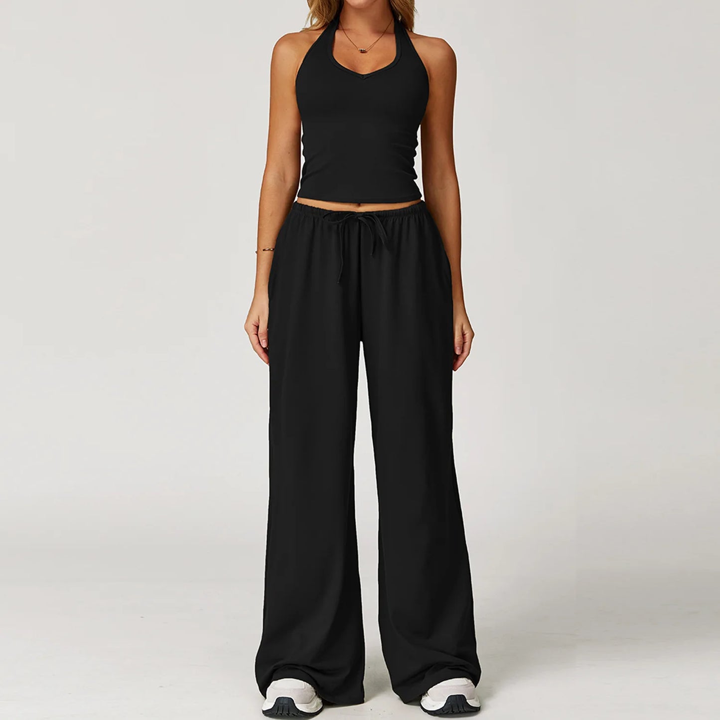 2PCS Women's Yoga Set – Strappy Top with High-Waisted Wide-Leg Pants