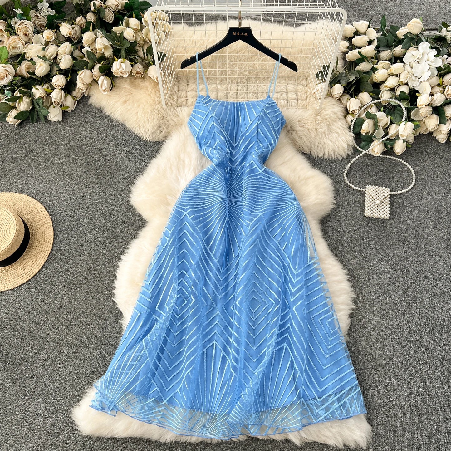 Luxury Mesh Party Dress – Embroidered Spaghetti Strap Gown