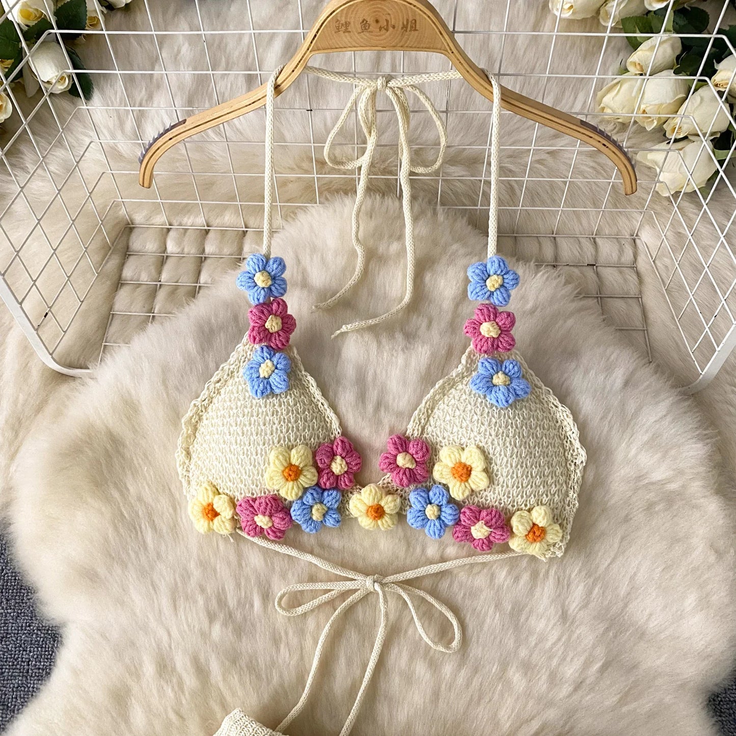 3D Floral Crochet Summer Set – Halter Bra Top + Wide-Leg Shorts