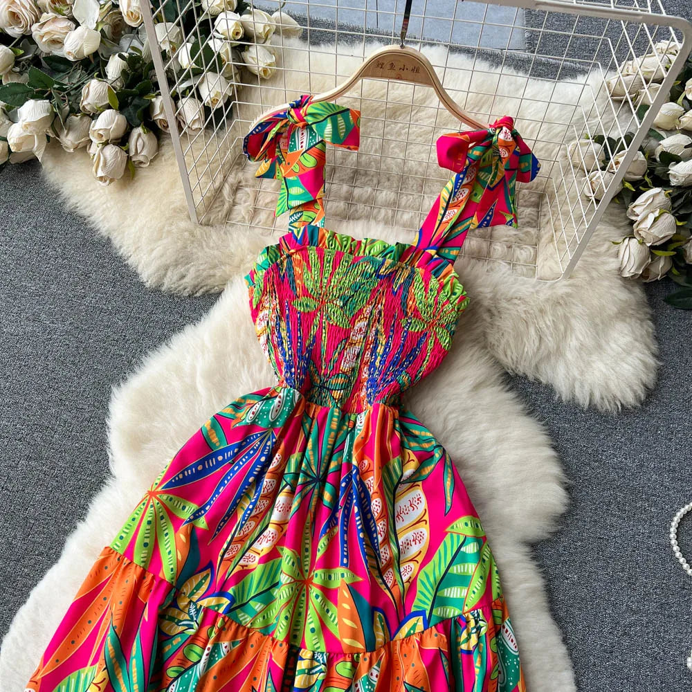Summer Vacation Spaghetti Strap Floral Sundress – Sleeveless Ruched Backless Maxi Dress