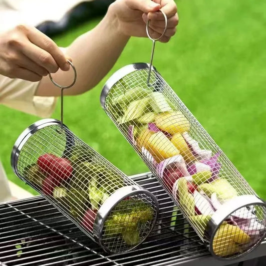 Rotating Stainless Steel BBQ Basket – Mesh Grill Cage for Vegetables, Meat & Fish