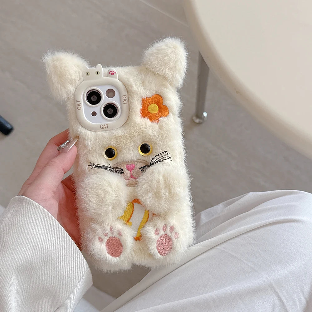 Funny Cat or Bear Furry Soft Plush Phone Case – For iPhone 11 to 16 Pro Max