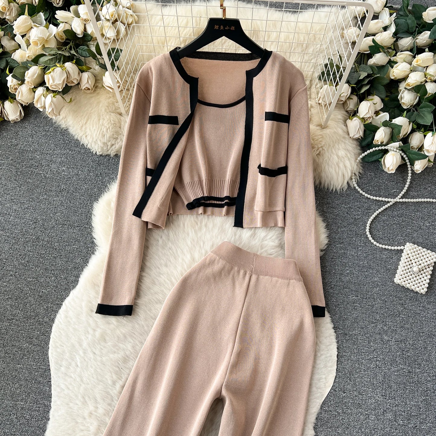 SINGREINY Autumn Knitted 3pcs Set – Slim Tank Top + Long Sleeve Cardigan + Elastic Pants (Brown)
