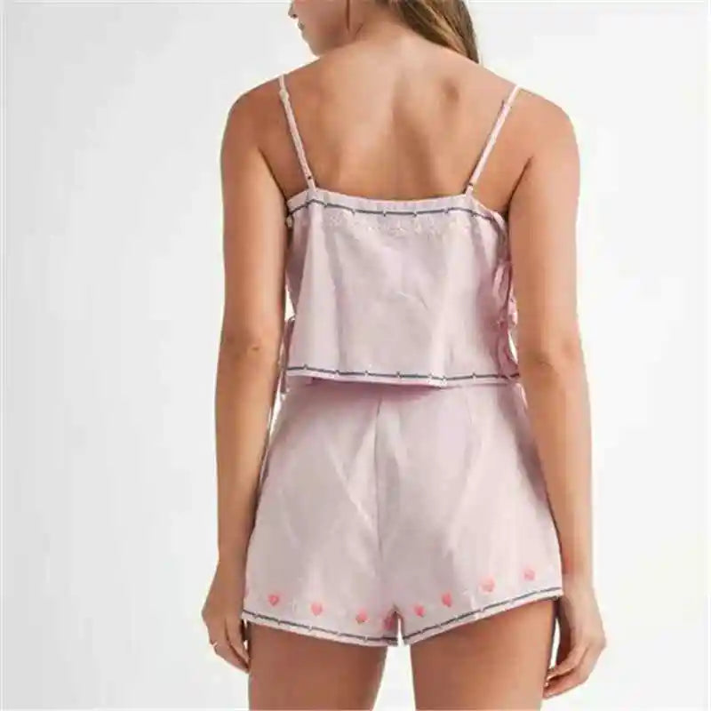 2-Piece Set – Floral Embroidered Crop Cami Top & Shorts