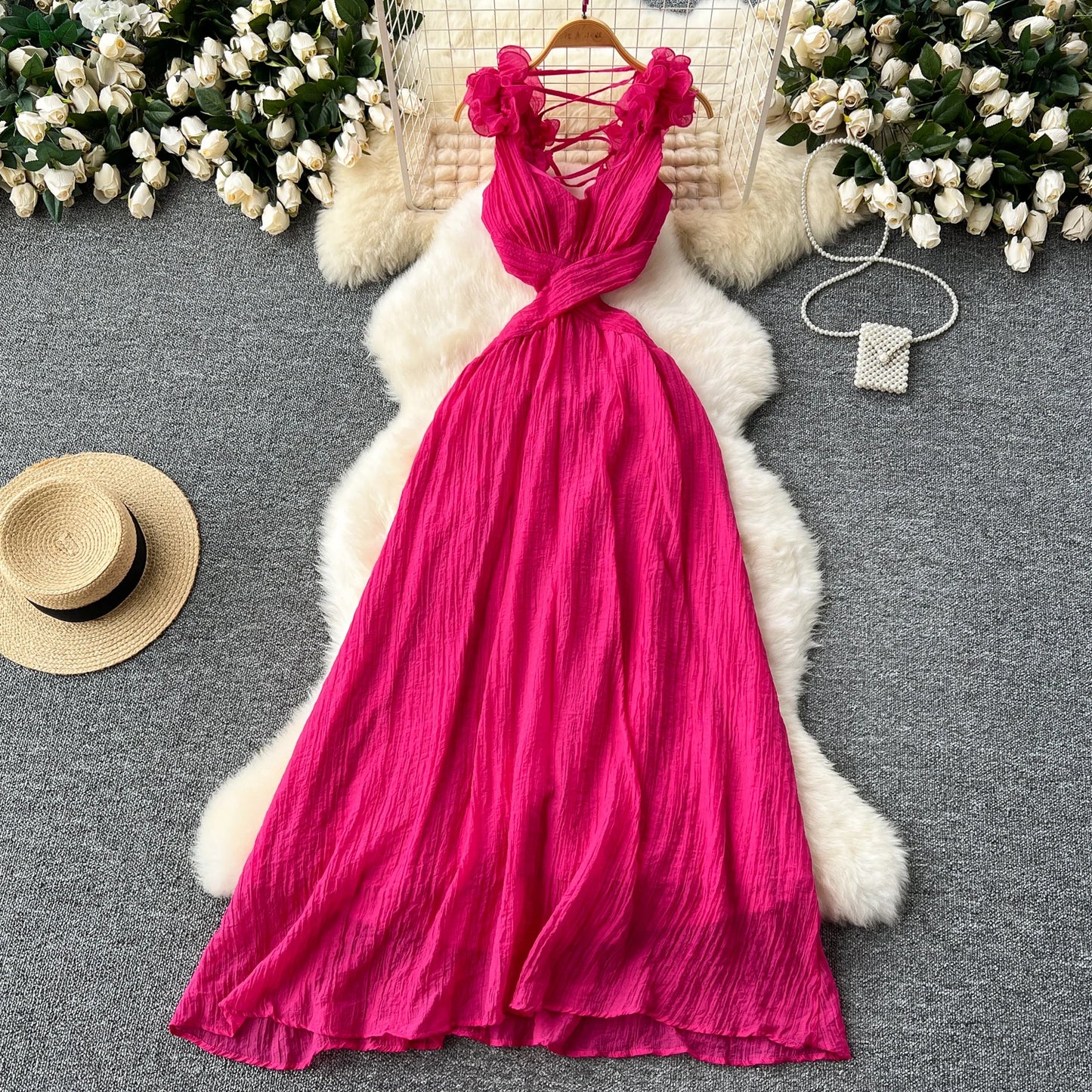 3D Floral Hollow Out Pleated Maxi Dress – Backless Vacation Beach Party Dress