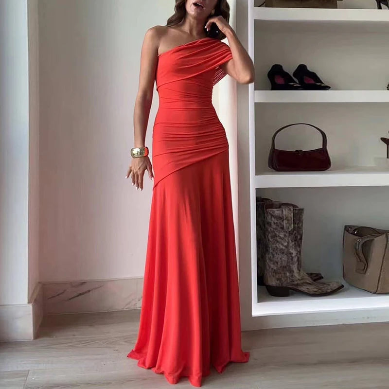 Elegant One-Shoulder Pleated Evening Dress