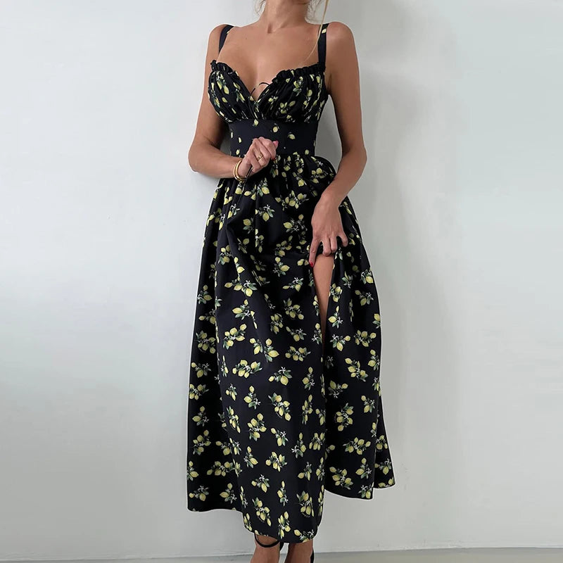 Printed Long Summer Dress with Slit and Spaghetti Straps