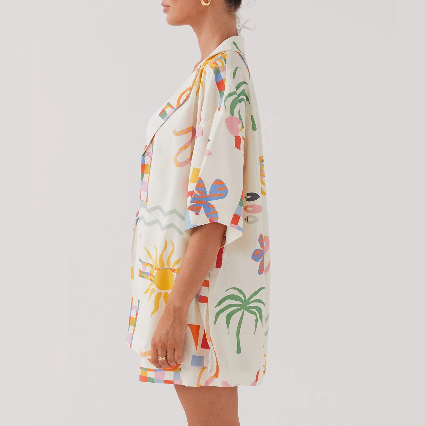 Women’s Casual 2 Piece Summer Set – Sun Print Button-Up Short Sleeve Shirt + Drawstring Shorts
