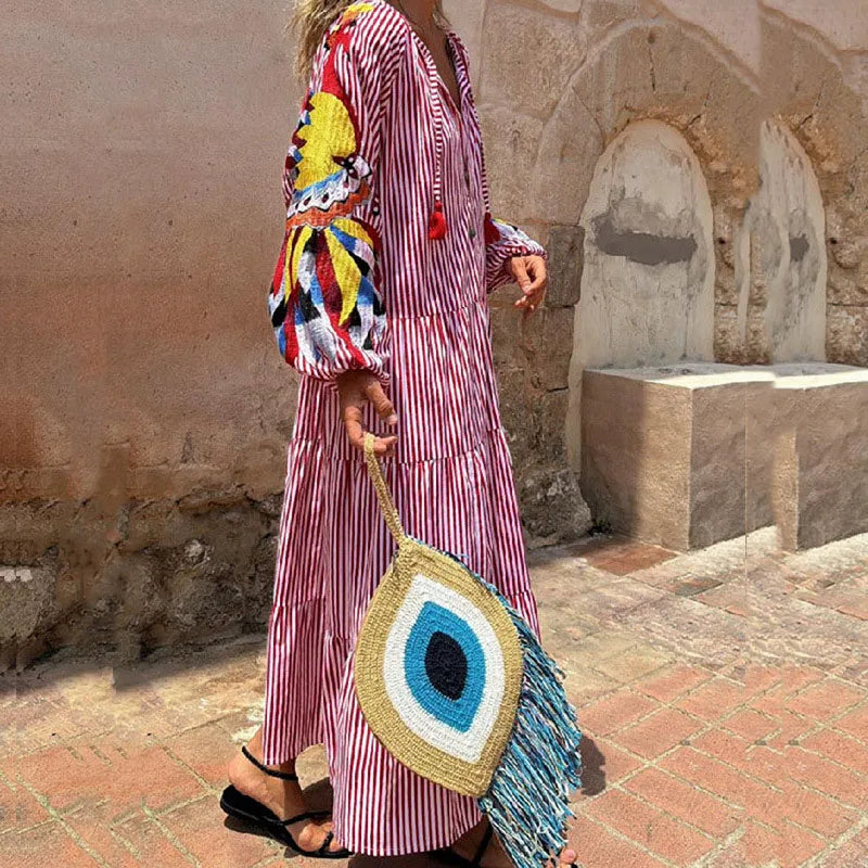 Bohemian Long Lantern Sleeve V-Neck Dress