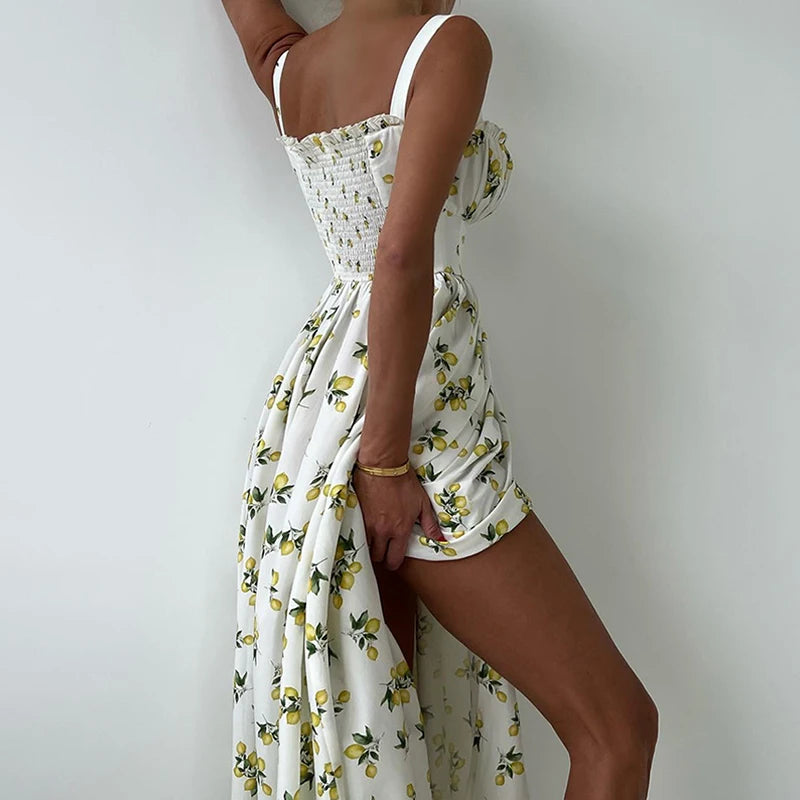 Printed Long Summer Dress with Slit and Spaghetti Straps