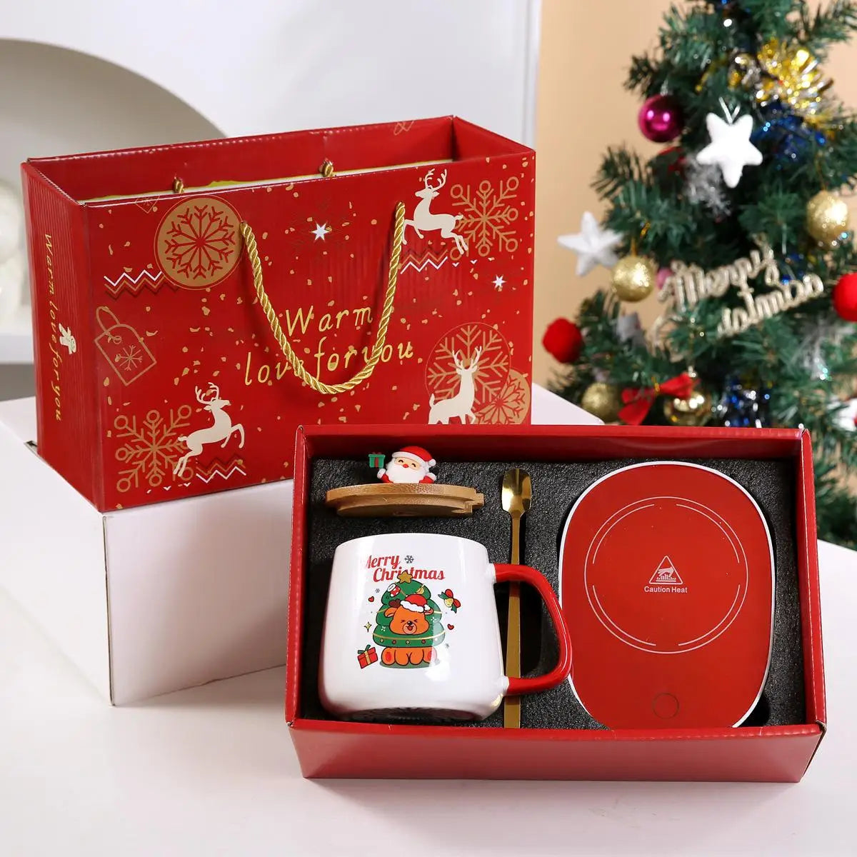Christmas Ceramic Mug Set with Lid & Spoon – Holiday Edition