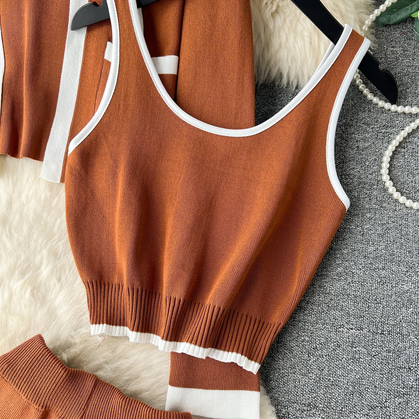 SINGREINY Autumn Knitted 3pcs Set – Slim Tank Top + Long Sleeve Cardigan + Elastic Pants (Brown)
