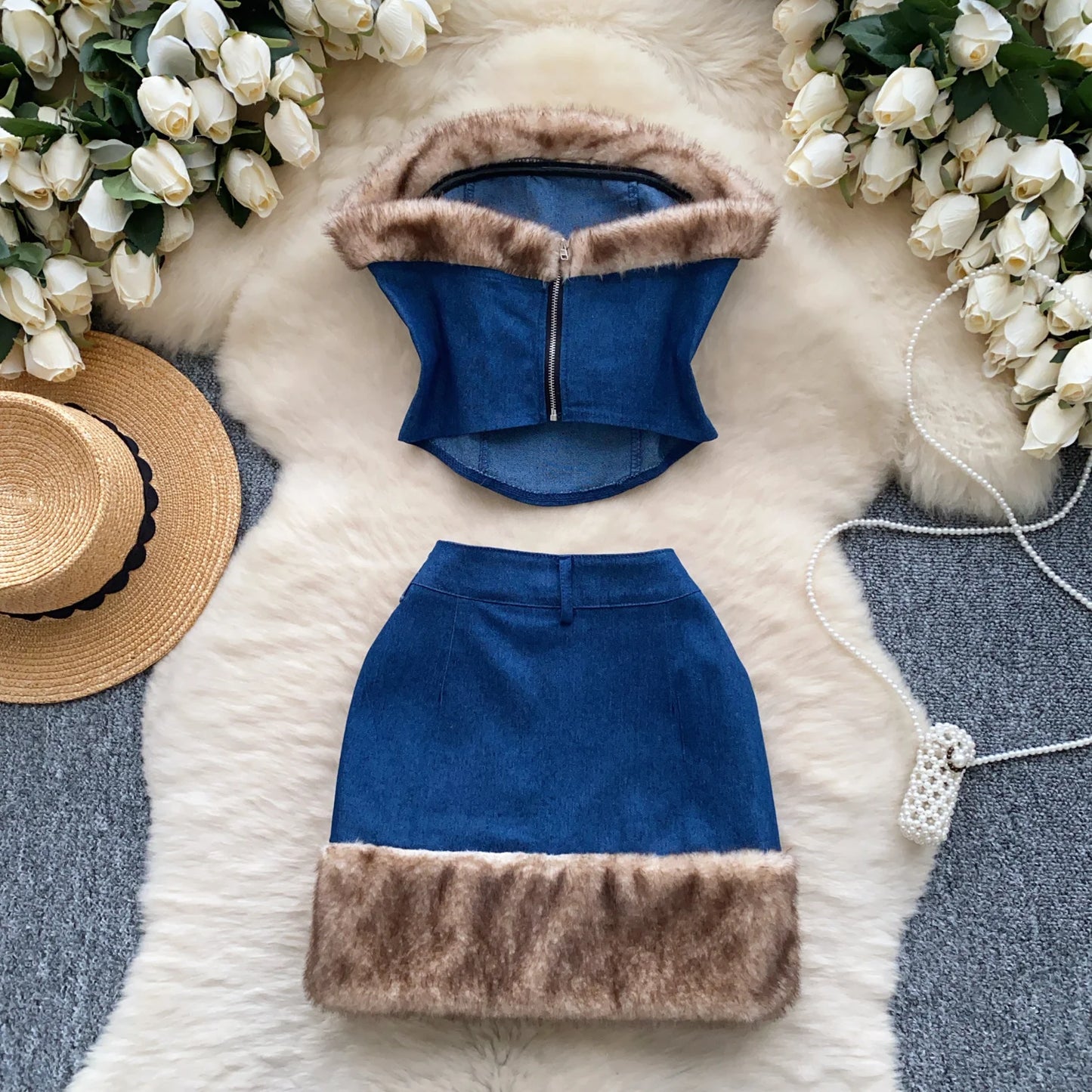 SINGREINY 2-Piece Denim Set – Strapless Feather Trim Crop Top + High Waist Skirt