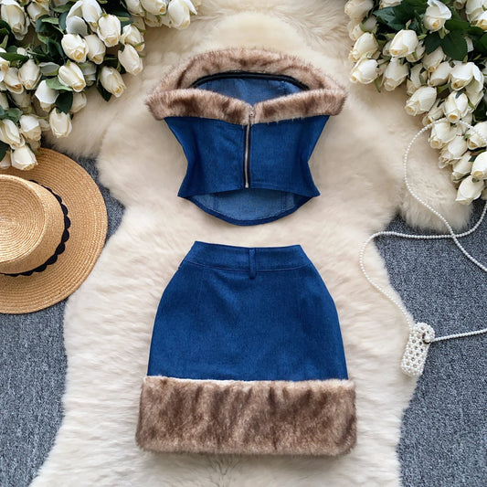 SINGREINY 2-Piece Denim Set – Strapless Feather Trim Crop Top + High Waist Skirt