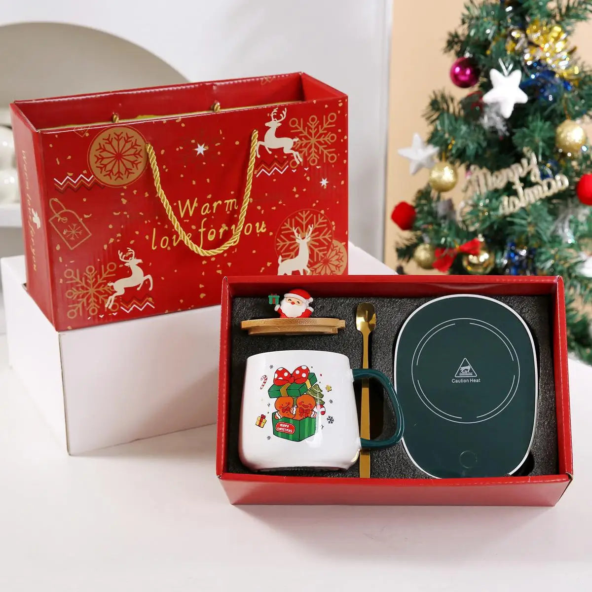 Christmas Ceramic Mug Set with Lid & Spoon – Holiday Edition