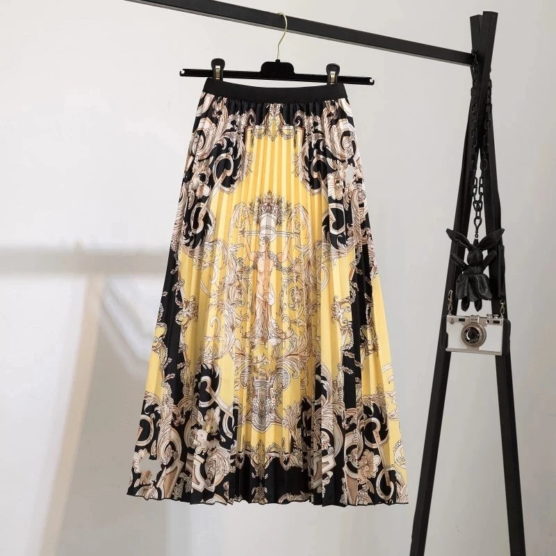 Women’s Cartoon Print Pleated Skirt – High Waist Big Swing Skirt